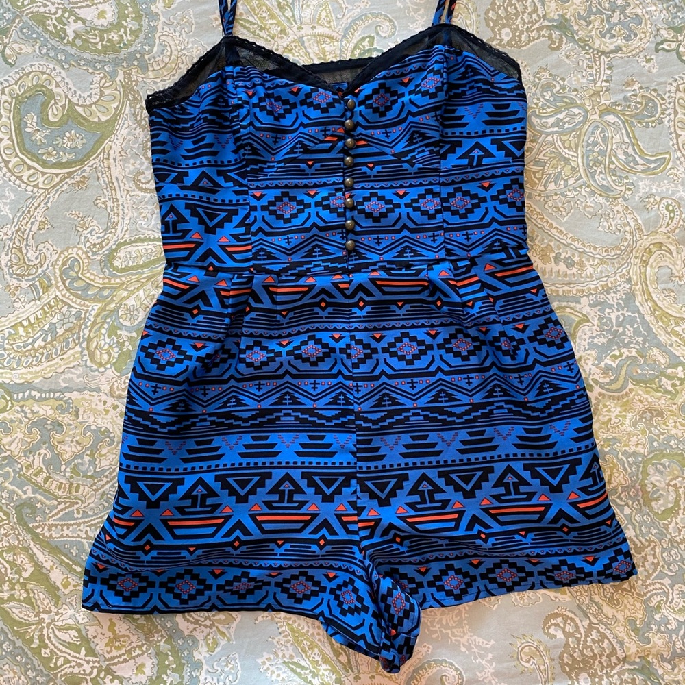 Forever 21 boho tribal print blue shorts romper